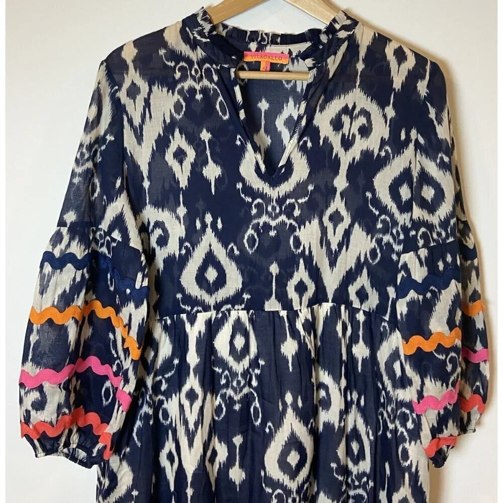 Vilagallo Tammy Ikat Midi Dress Tiered Puff Sleeves Navy Pink Orange 42 L - Picture 2 of 7